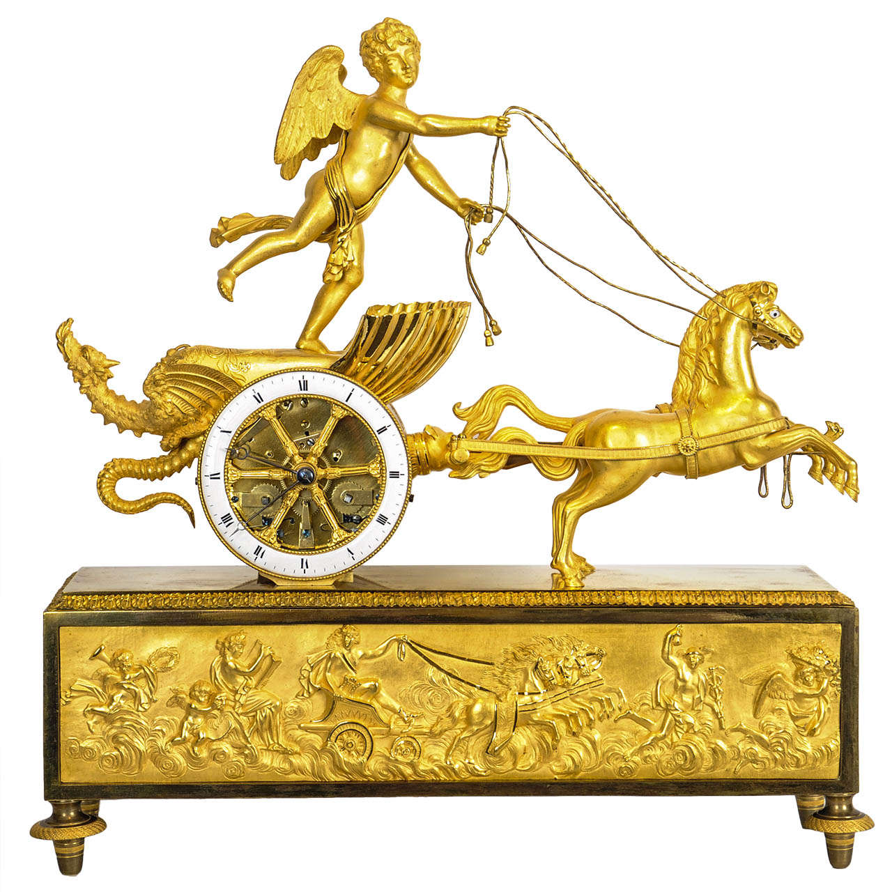 A charming French Empire ormolu chariot clock, circa 1810